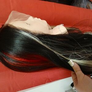 Vibrant Red and Black Long Straight Wig